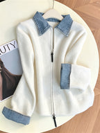New Autumn/Winter Women's Fashion: Elegant and Stylish Denim Collar Patchwork Zipper Cardigan Sweater Jacket - White