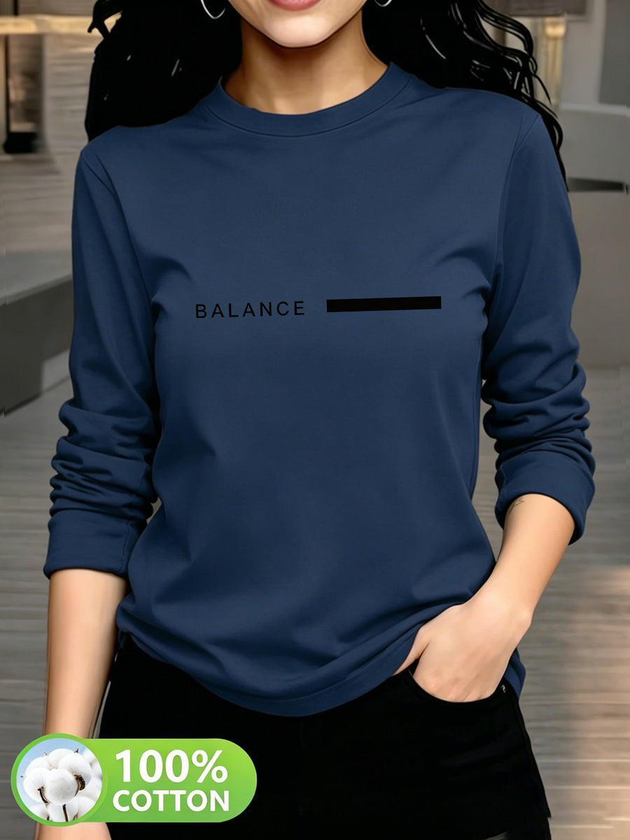 Women'S Fashion Casual Round Neck Long Sleeve T-Shirt, 100% with Lettered Stripe Pattern, Stylish Easy Comfortable Loose Fit - Navy Color