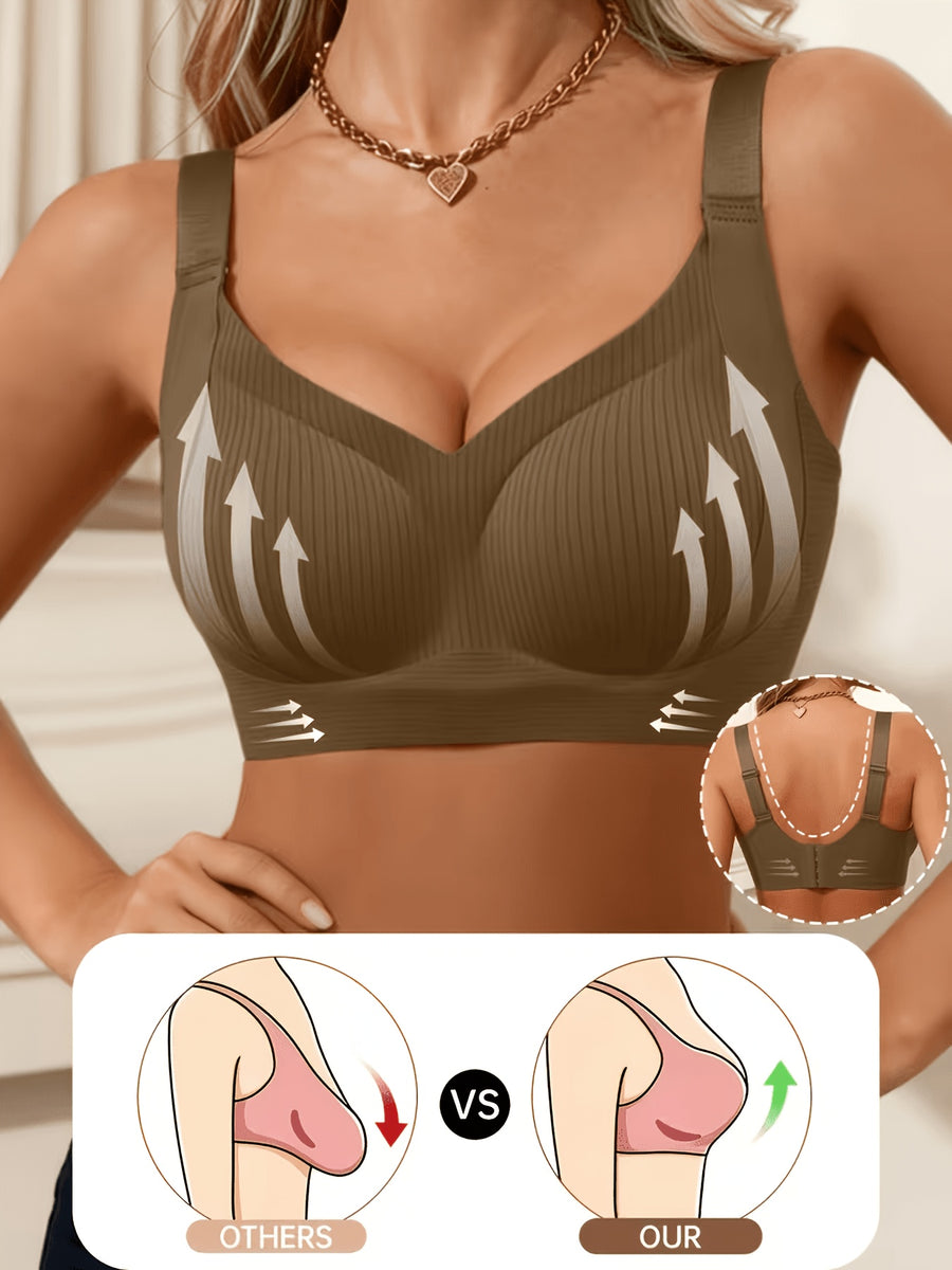 1pc Women'S Seamless Pinstripe Bra Without Underwire, Adjustable Wide Straps, Back with 4 Rows of Buttons, Comfortable Support Without Underwire, Gathering And Lifting Daily Lingerie, Soft And Breathable Removable Cups, Shaping Tight Fit Innerwear - Khaki
