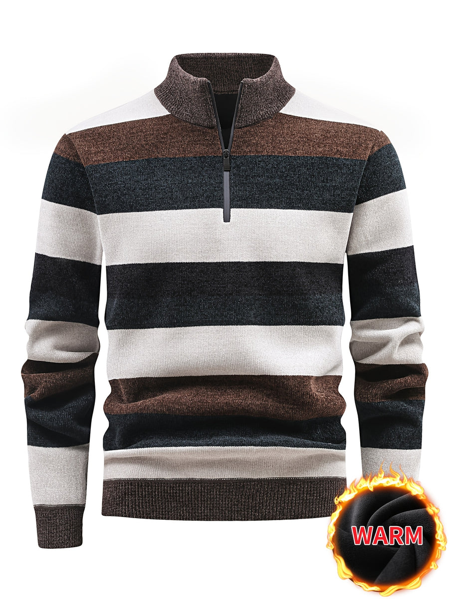 Men'S Autumn Winter Casual Versatile Pullover Sweater Contrast Fashion Fleece-Lined Top Quarter Zip Stand Collar Knit Sweater New Warm Commute Sweater Old Money Vacation Style Men'S Gift - Coffee Color