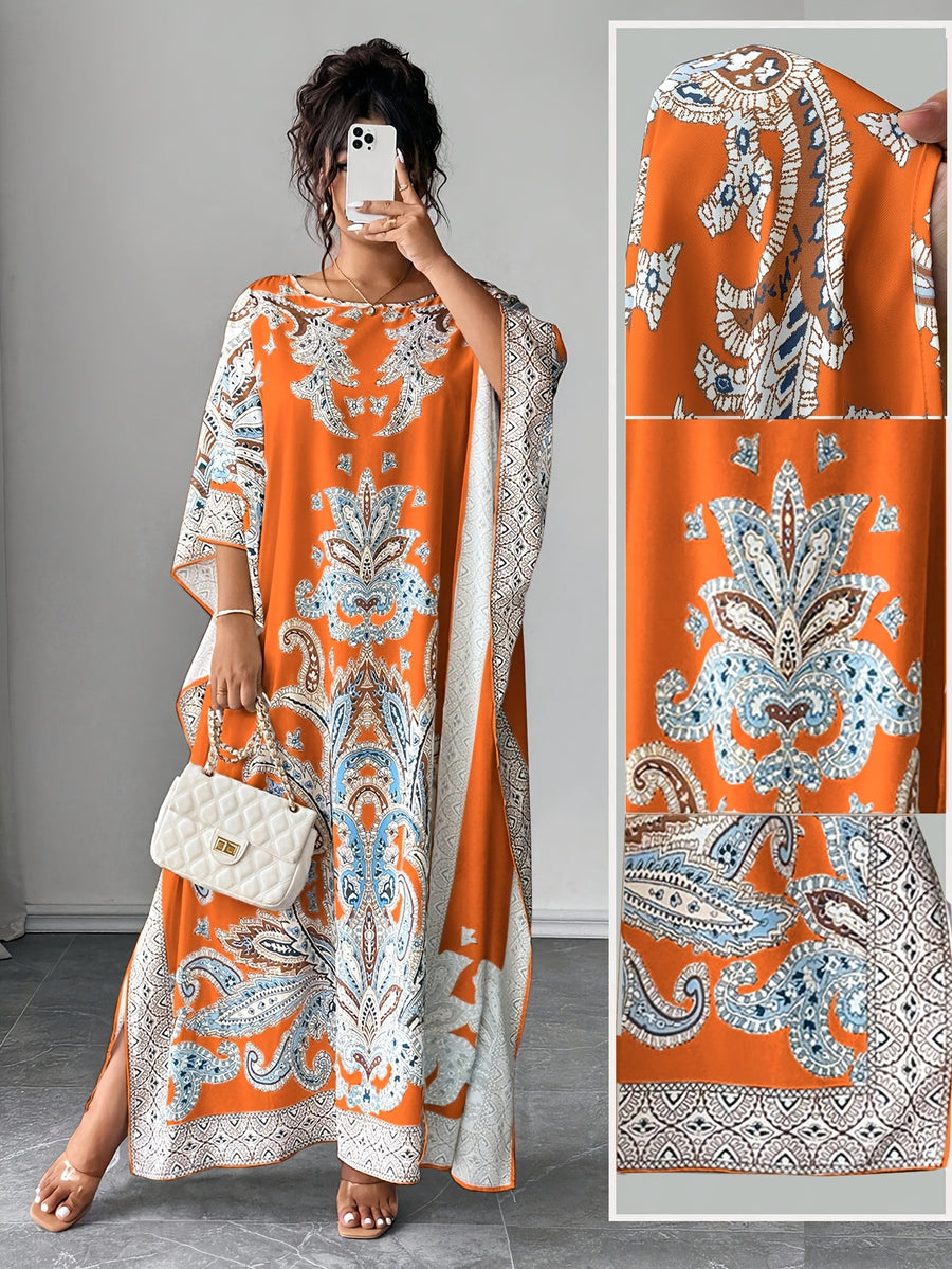 Plus Size - Plus Size - Plus Size Women'S Loose-Fitting Batwing Sleeve Printed Round Neck Dress - Orange-Red