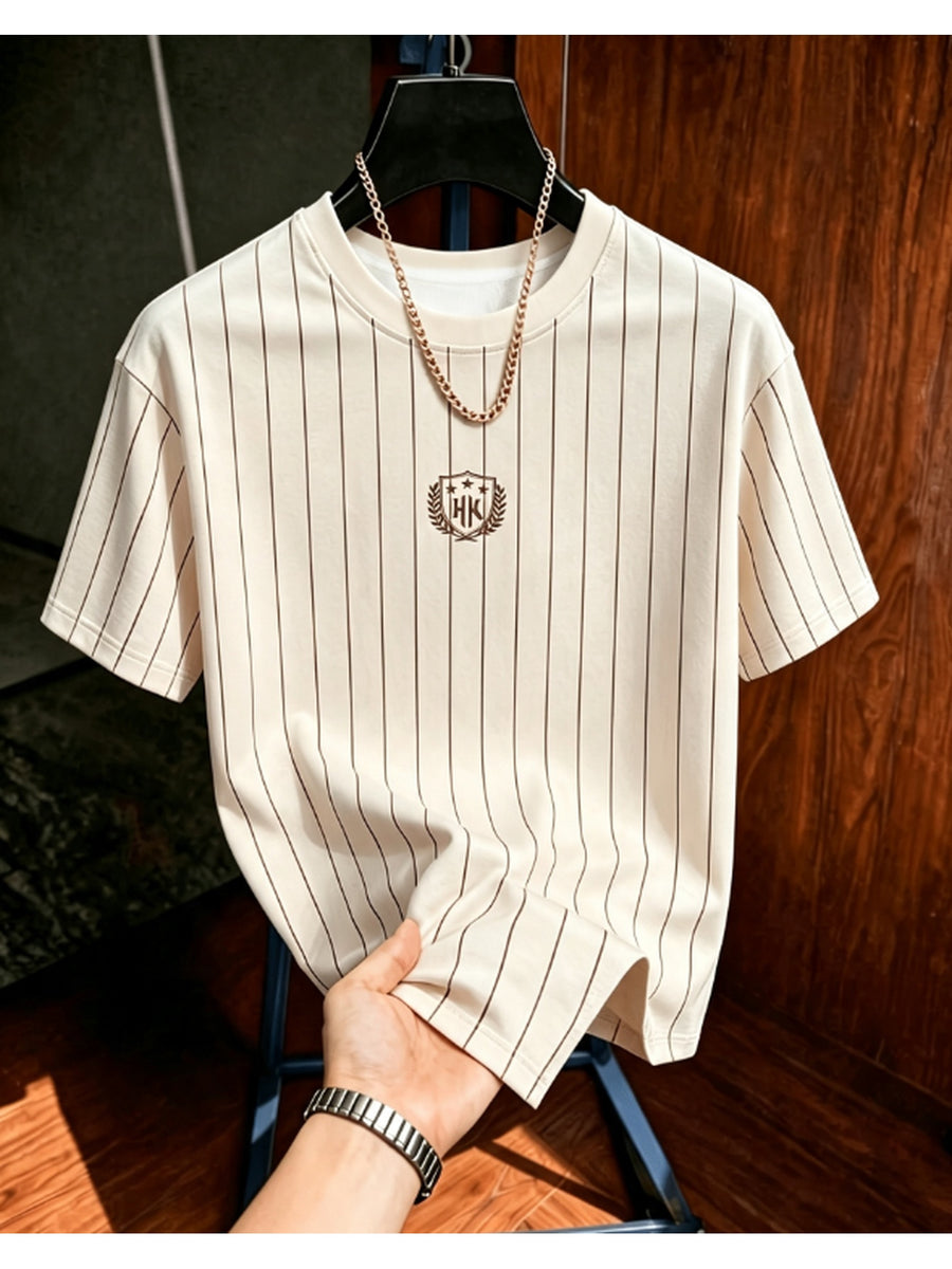 Summer Casual Striped Men'S T-Shirt, Contrast Shoulder Stripes Wheat Shield Print Breathable All-Match Round Neck Short Sleeve Top, Comfortable And Airy, Ideal Gift for Holidays - Mixed colors