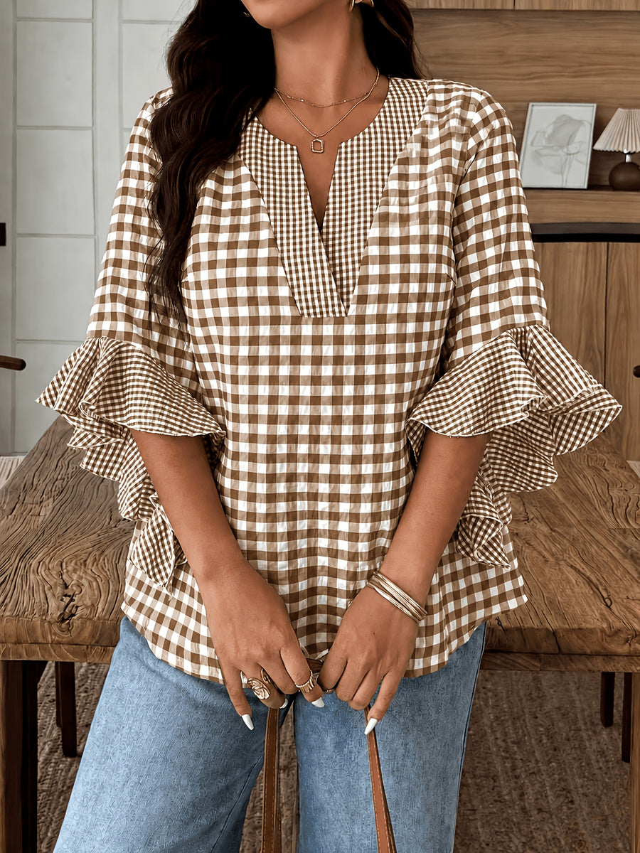Women's Colorful Plaid Flared Sleeve Shirt for Spring, Summer, and Autumn, Casual Checkered Patchwork Shirt with Large and Small Plaid Patterns, Plaid Shirt for Vacation, Leisure, and Work Commutes - Khaki
