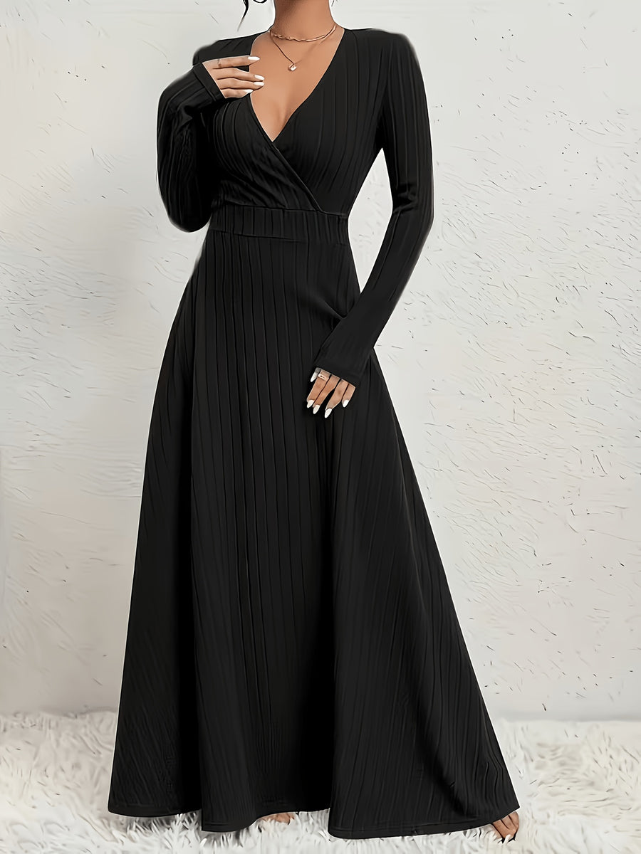 Women's A-Line Dress with Cross Neckline & Sleeves - Soft Stretch Midi Dress for All Seasons, Machine Washable Solid Color Elegant Casual to Formal Wear, Formal Attire, Construction - Black