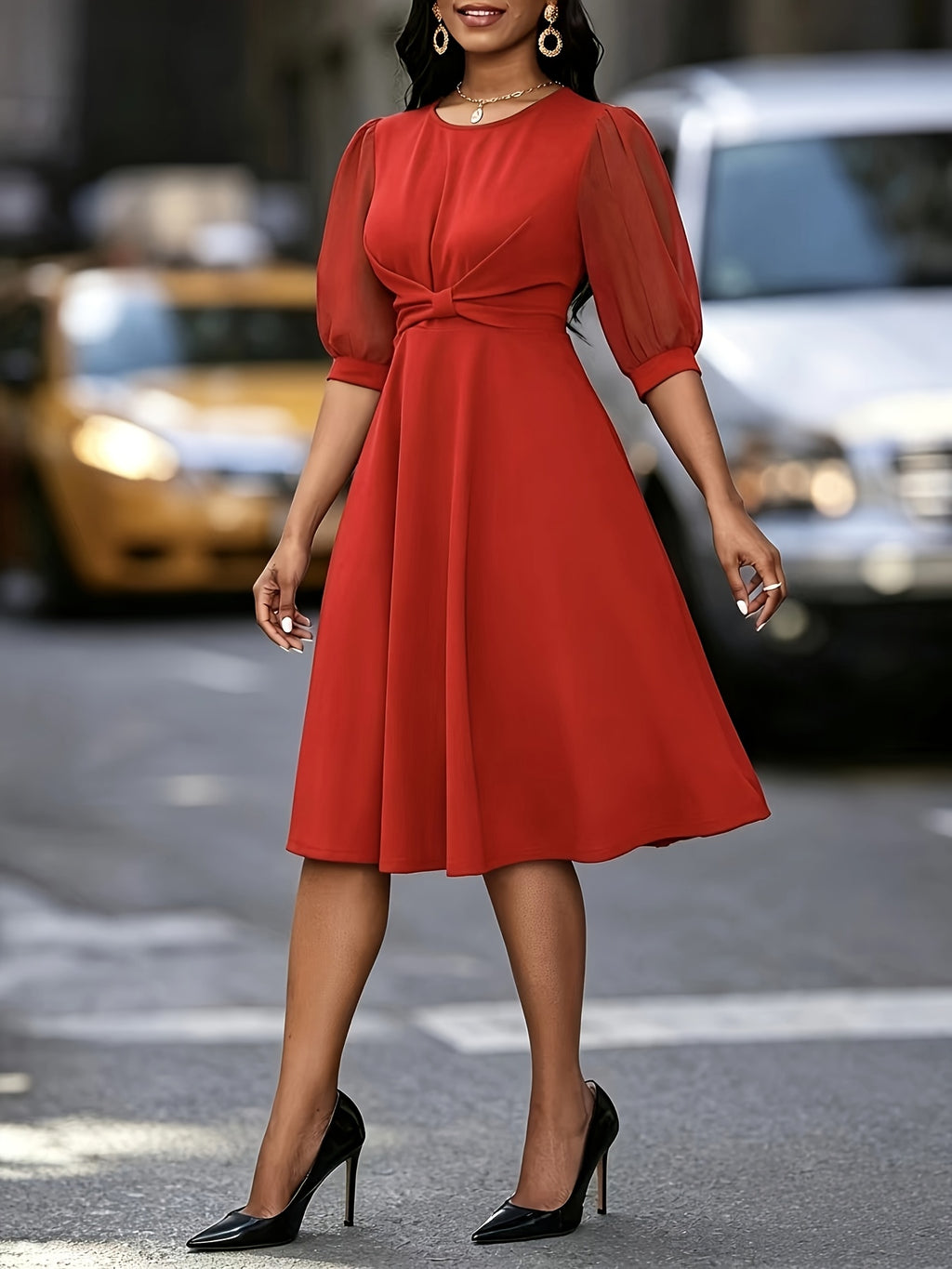 Elegant Women's Directional Dress, Solid Color Puff Sleeve, Sophisticated Commuter Style, Twisted Waist Tie, Chiffon Patchwork, Mid-Length Sleeves, A-Line Hem, for Banquets, Parties, and Daily Commuting - Red