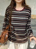 Women's Striped Crew-neck Long-sleeve T-shirt, a Versatile Style for Commuting and a Campus Look - Mixed colors