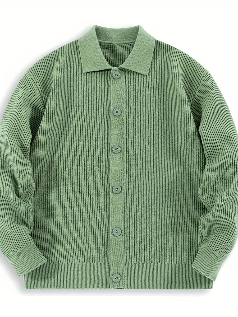 Men's Casual Knit Cardigan - Solid Color, Button-Up with Lapel Collar, Loose Fit for Fall/Winter - Green