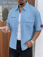 Men's Striped Short Sleeve Shirt, Casual Button Shirt with Chest Pocket, Loose Fit Summer Tops, Letter Streetwear Shirts for Men - Haze Blue
