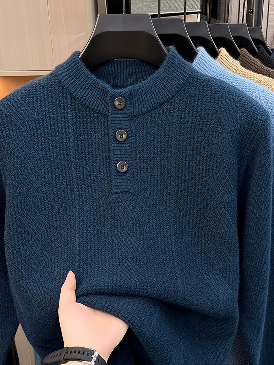 Spring And Autumn Men'S Half-Button Henley Collar Knit Sweater 3D Jacquard Texture Warm Easy And Atmospheric Middle-Aged Men'S Commuter Pullover - Black Blue