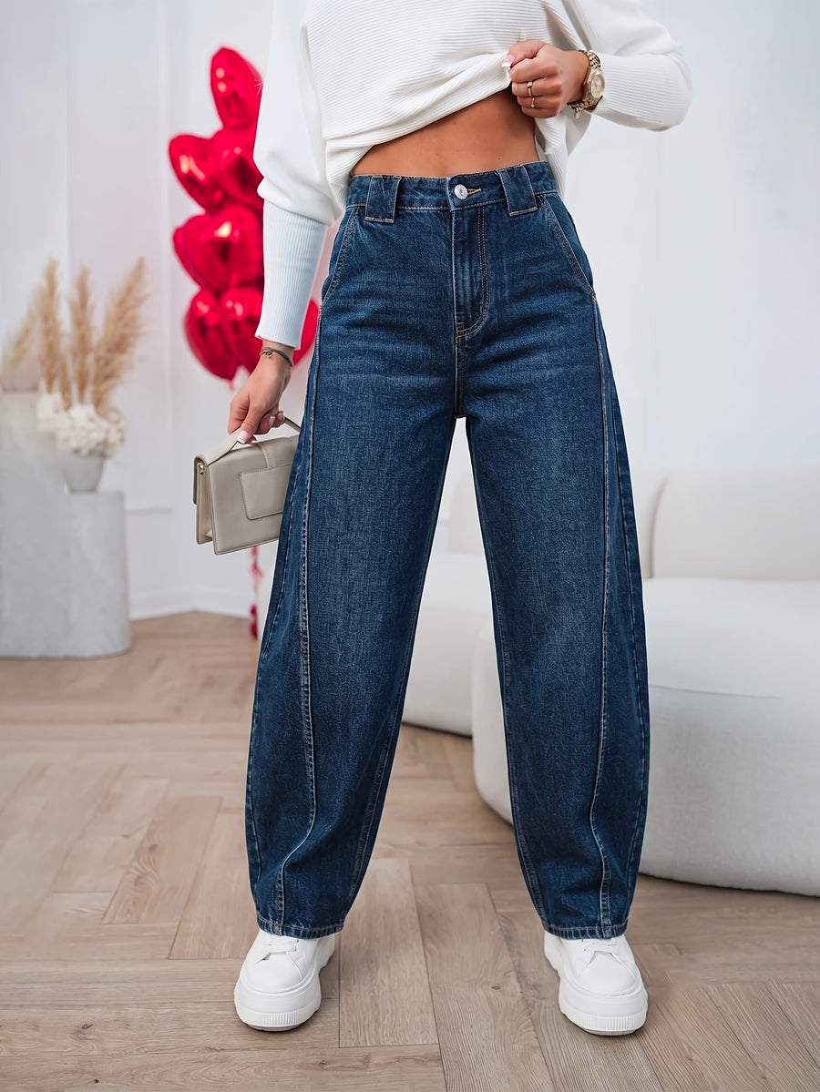 Women'S Denim Balloon Pants, Women'S Bucket Jeans, New Casual Elegant Versatile Washed Denim Trousers, Contrast Design, Suitable for Daily Commute And Casual Outing Denim Banana Pants - Medium Blue