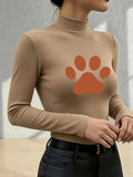 Women'S 2026 New Fashion Half-Neck Long Sleeve Body Suit, Casual Texture Fall Winter Style, Essential Base Layer for Fall Winter, Slim Sexy Comfortable Warm "Brown Paw Print Design" - Khaki
