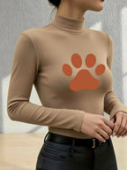 Women'S 2026 New Fashion Half-Neck Long Sleeve Body Suit, Casual Texture Fall Winter Style, Essential Base Layer for Fall Winter, Slim Sexy Comfortable Warm "Brown Paw Print Design" - Khaki