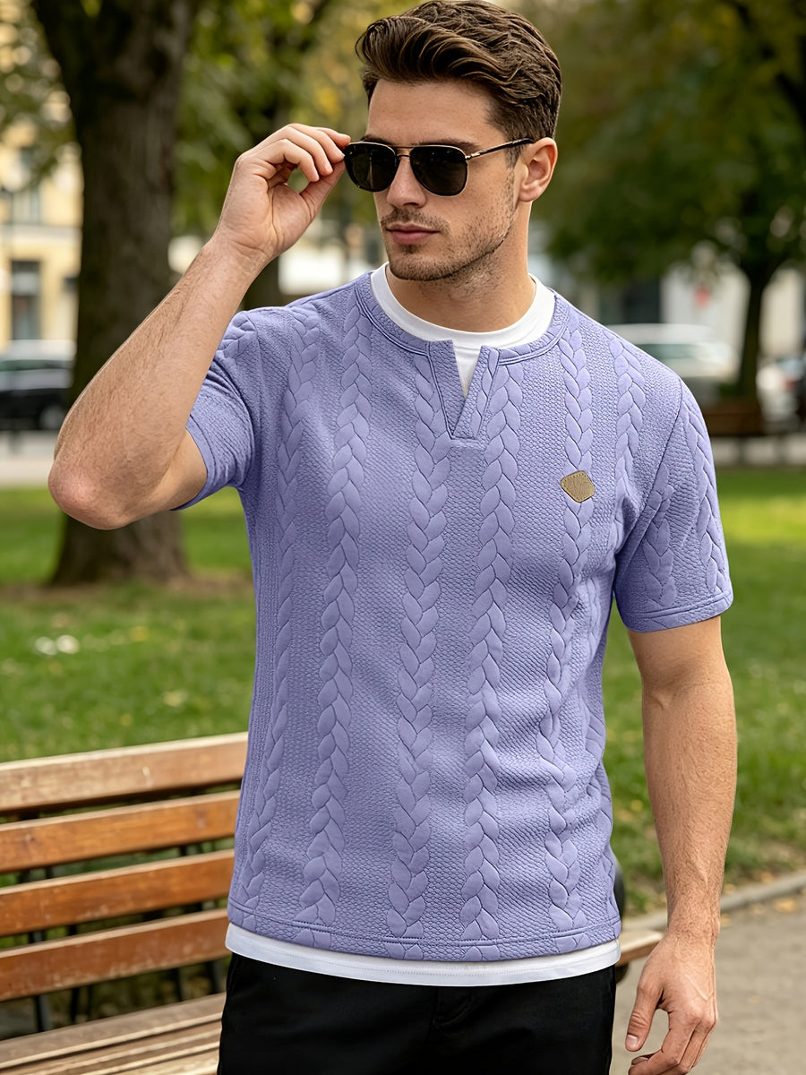 Summer Vintage Vertical Stripe Twisted Cable Embossed Men's Short Sleeve Double-Layer 2-in-1 Look Layered Design Henley Collar T-Shirt, Breathable Textured Versatile Top for Daily Commuting - Light Purple