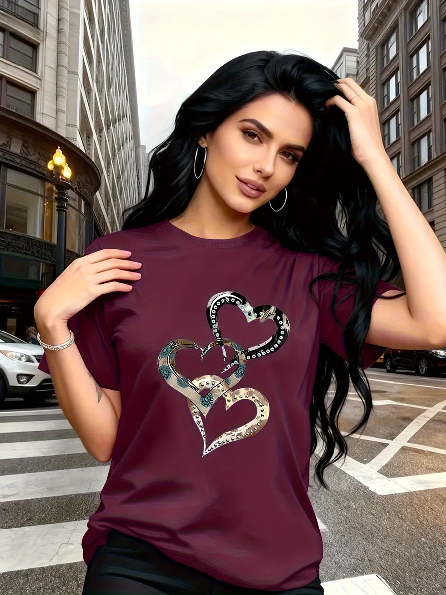 Emotion and Love" Representative, Metallic Art Heart Print Trendy Fashion, Simple Round Neck Casual Versatile Short Sleeve Women's T-Shirt for Leisure, Travel, and Vacation - Fuchsia