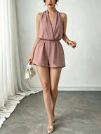 French Halter Deep V Pleated Shorts, Waist-Cinching Sleeveless Casual Solid-Colored Jumpsuit - Pale Pinkish Gray