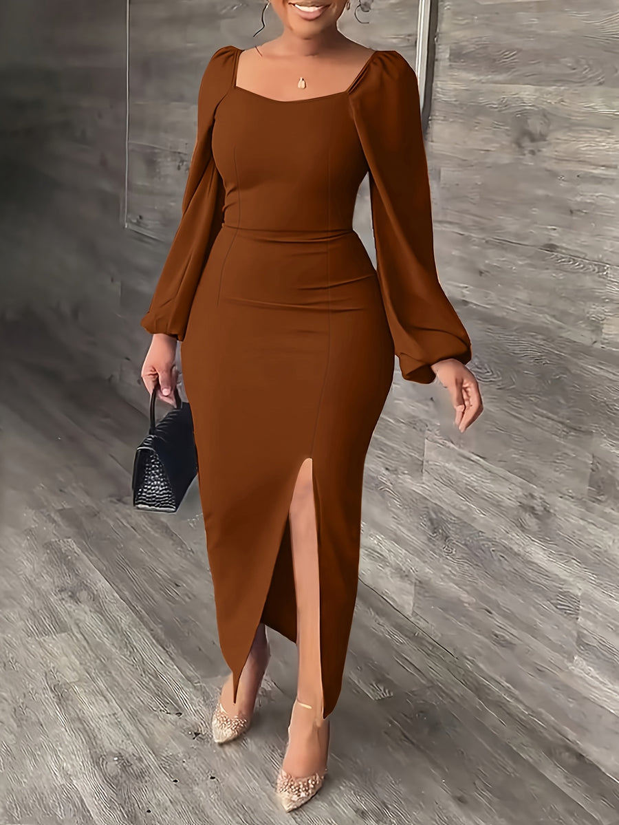 New European and American Style Fashion Slimming Split Long Sleeve Dress Trend - Rust