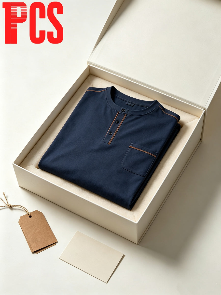 Men's Vintage Topstitch Henry Shirt Long Sleeve T-Shirt, Casual Versatile Light Business Crew Neck Half-Open Placket Pocket Top, Commuting Loose Fit Base Layer - Without Gift Box Packaging - Navy Color
