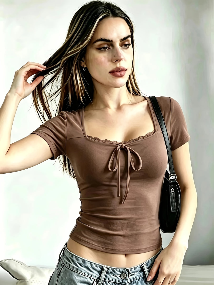 BK260313065 Women'S Spring Summer New Fashion Elegant Short Sleeve Shirt, And Slender, Lace Patchwork And Bow Tie Design on Collar, Perfect Choice for Daily And Dates - Coffee Brown