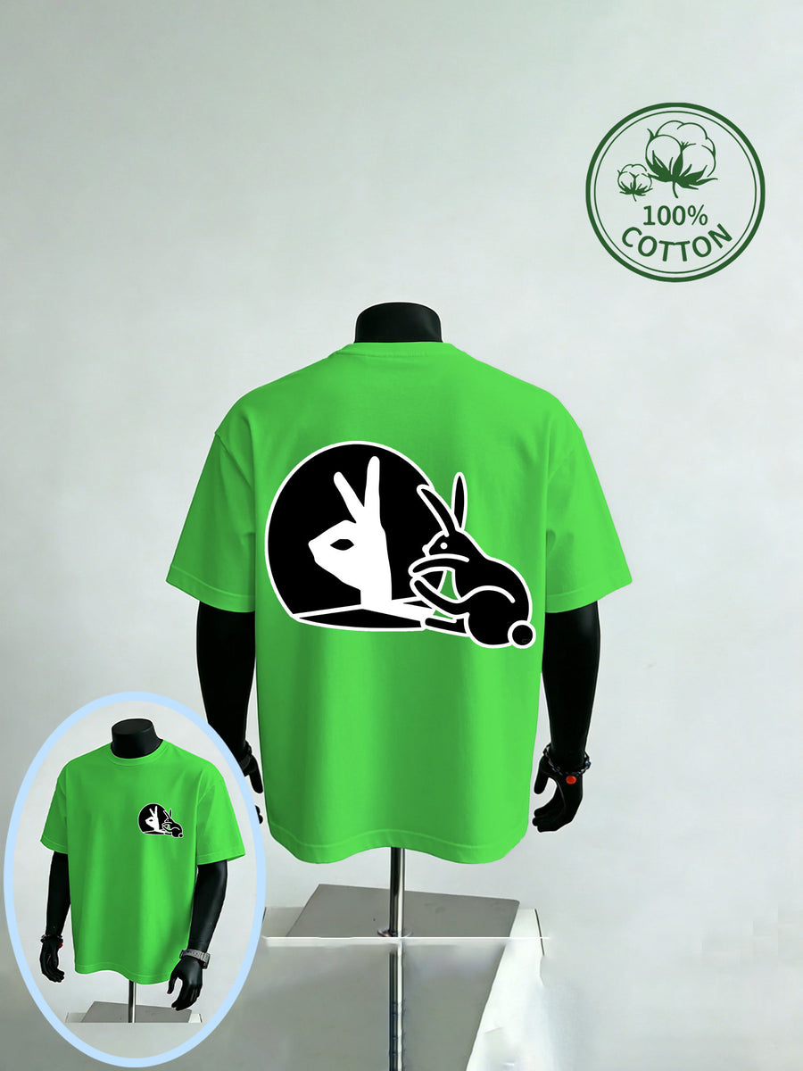New Summer Style Men's Casual Sportswear with Rabbit Hand Shadow Print, Pure Cotton Short Sleeve, Moisture-Wicking and Sweat-Absorbing, Comfortable for Casual Streetwear and Outdoor Sports & Fitness - Grass Green