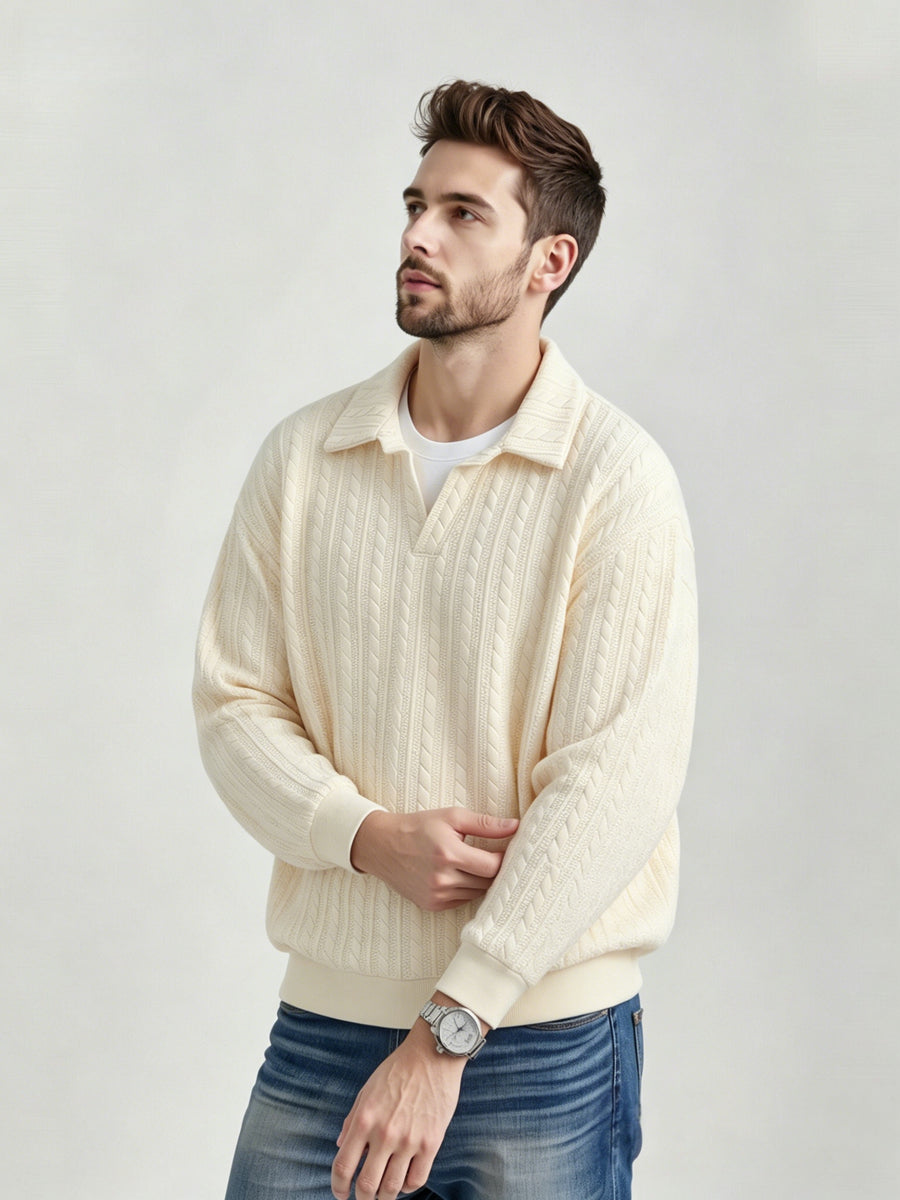 Men'S Vintage Jacquard Knit Lapel Sweatshirt Loose Fit Half-Button Textured Pullover Top Casual Street Style Long Sleeve Lapel Sweater - Apricot