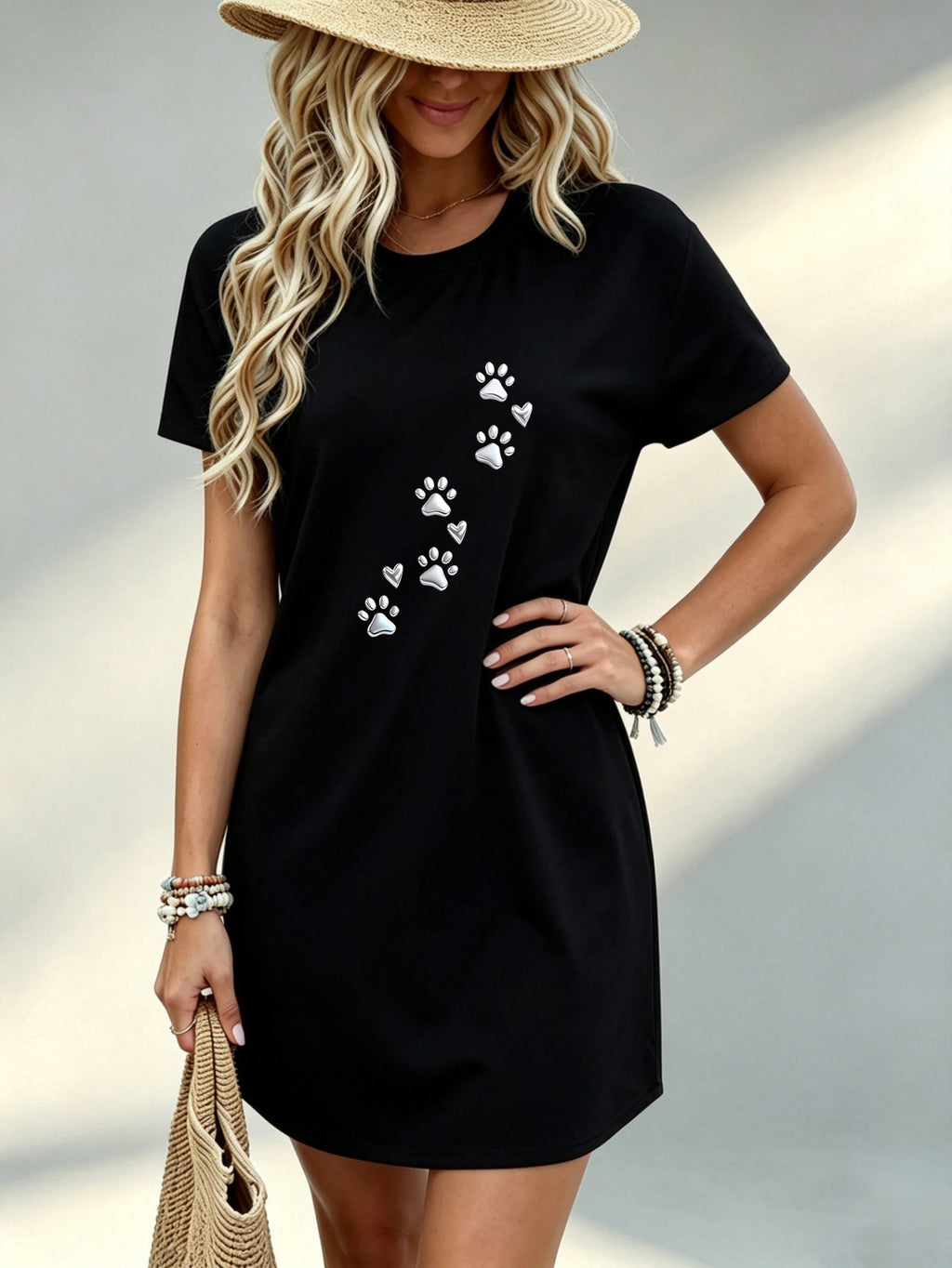Printed Design - Not Textured, Casual Women Dress, Paw Print Pattern, Beach Vacation, Gift for Girlfriend, 100% Fiber - Black