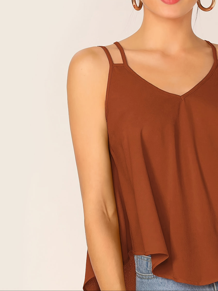 Women'S Stylish Double-Laced Dip Hem Swinging Top - Light Brown-1
