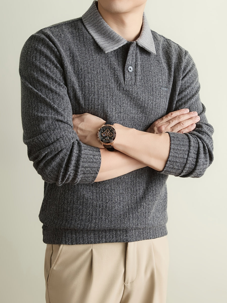 [Whale-Crossing Lan OBM] 1pc Autumn/Winter New Men'S Knit Pullover Sweater, Preppy Style Color-Block Lapel Half-Button Long Sleeve Knit Pullover, Men'S Business Casual Fashion Ribbed Sweater, Suitable for Spring, Autumn - Black Gray