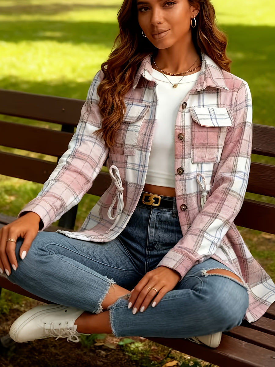 Women'S Casual Vintage Plaid Front Button Loose Blouse, Autumn, Long Sleeve Tops - Pink