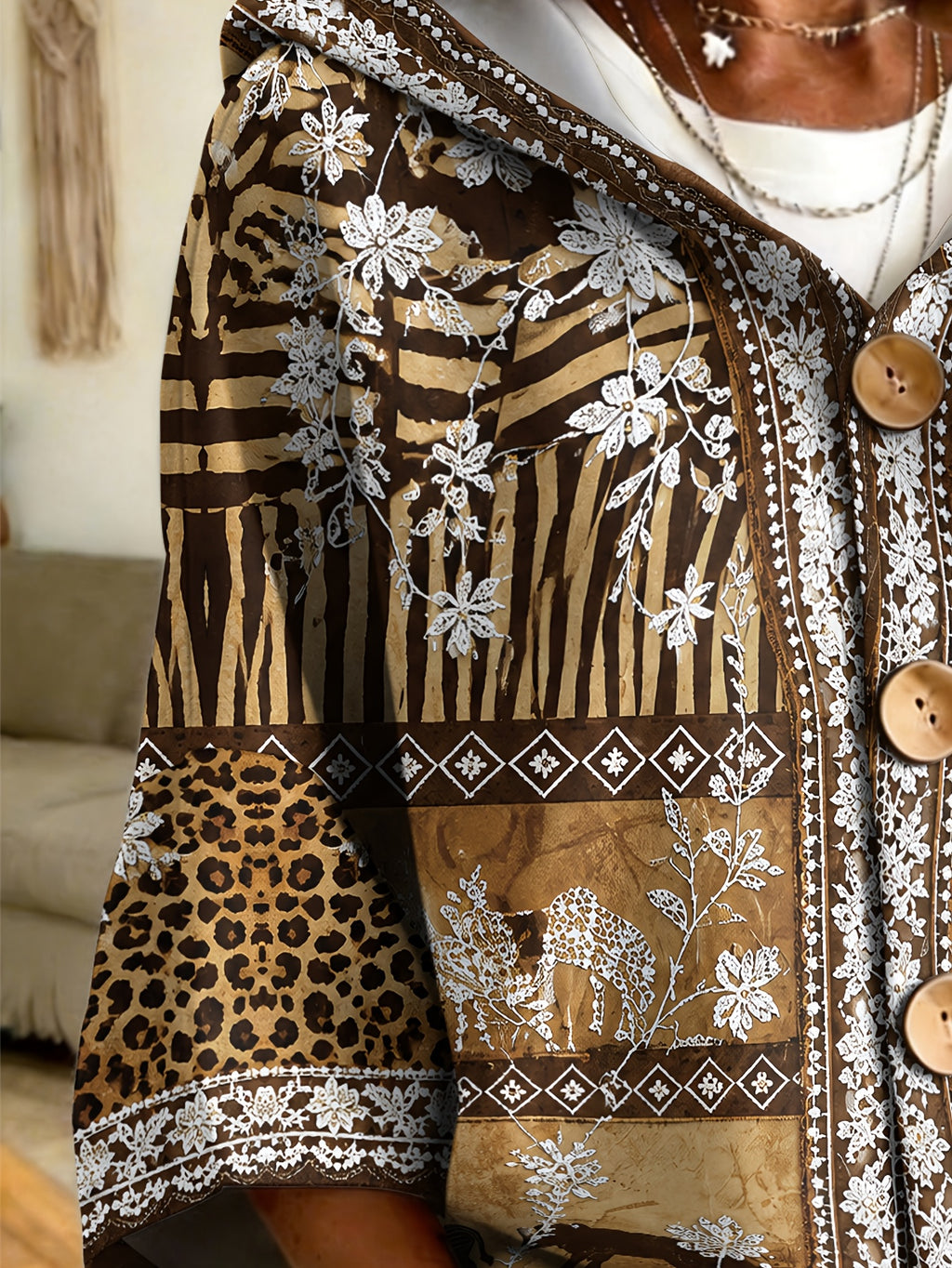 Plus Size - African Print Plus Size Hooded Sweatshirt, Leopard Elephant Patchwork Print with Wood Buttons. Western Vintage Style Loose Fit, Ethnic Couple Jacket, Showcasing Bohemian Fashion Charm - Multicolor 1