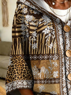 Plus Size - African Print Plus Size Hooded Sweatshirt, Leopard Elephant Patchwork Print with Wood Buttons. Western Vintage Style Loose Fit, Ethnic Couple Jacket, Showcasing Bohemian Fashion Charm - Multicolor 1