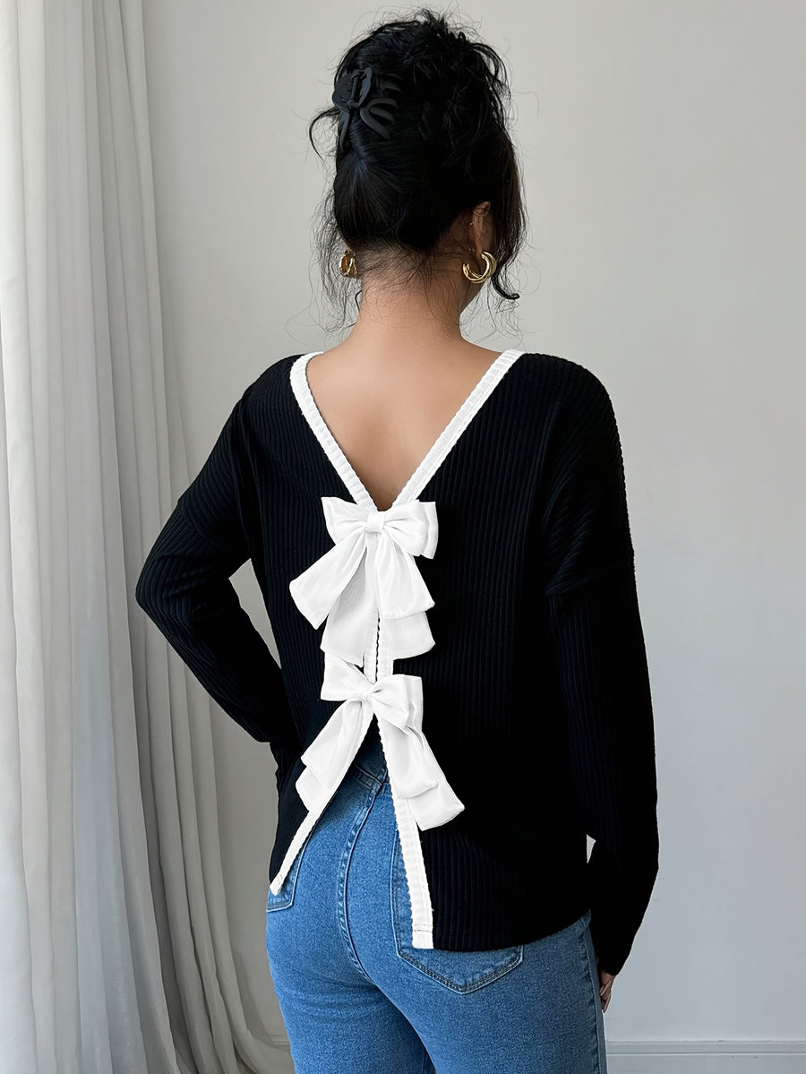 Women's Elegant and Stylish Ribbed Long Sleeve T-Shirt with Bow Tie at the Back - Black
