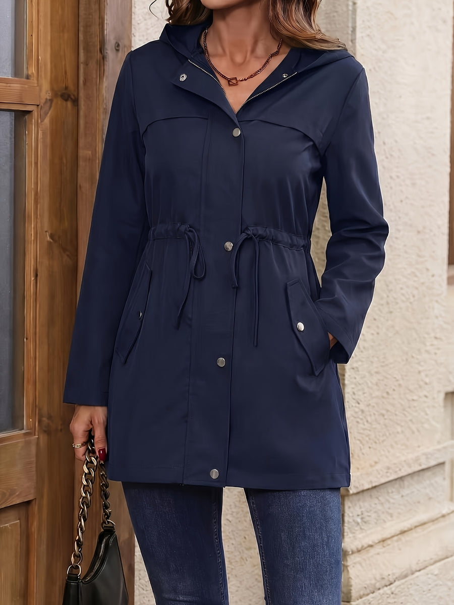Spring And Autumn Styles. Casual Workwear, Drawstring Waist Belt, Hooded Jacket - Navy Color