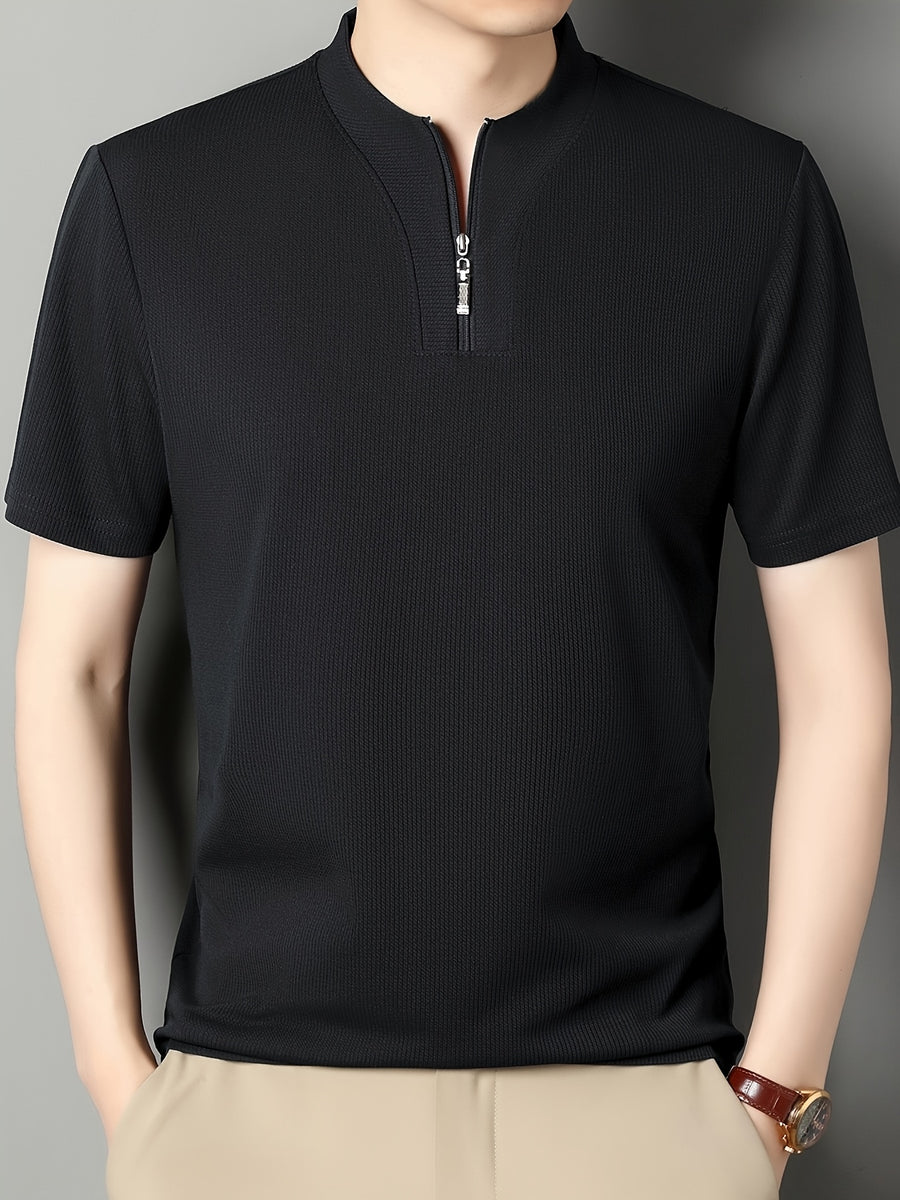 SaXing OBM New Spring/Summer Men's Polo Shirt, Solid Color Textured Ribbed Cable Knit Half-Placket Zipper Style Stand Collar Short Sleeve T-Shirt, Men's Business Casual Fashionable Breathable Versatile Henley Knit Pullover Base Layer Top - Black