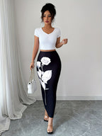 Women Sexy High Waist Floral Print Bodycon Maxi Skirt Casual Party Vacation Skirt And Niannian Selection - Black