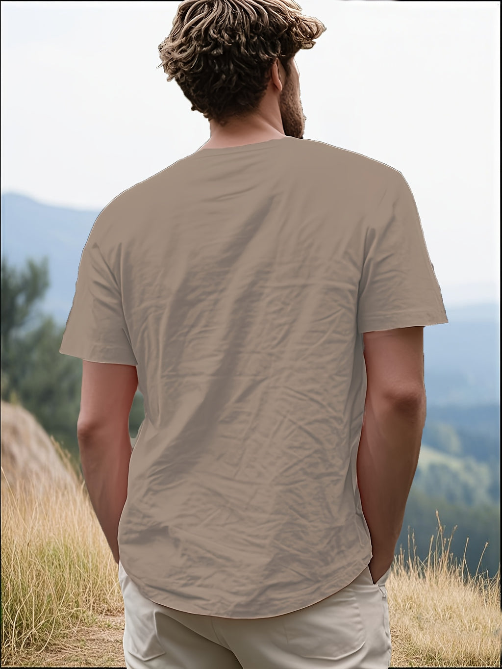 Men's Casual T-Shirt, Versatile Summer Short-Sleeve Top, Fashionable Solid Color Sweatshirt, Crew Neck with Drawstring Design - Lightweight and Breathable, Machine Washable, Suitable for Daily Wear and Outdoor Leisure - Light Brown-1