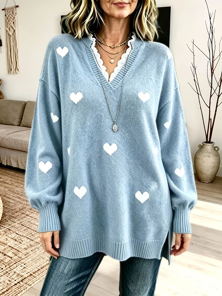 Plus Size - Women'S Elegant Lace Patchwork Sweater, Cute Heart Embroidery Women'S Sweater, Suitable for Autumn And Winter, Loose Fit Long Sweater, Suitable for Commute And Date Outfits - Light Blue