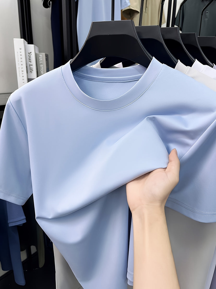 NERPOLO Men's Solid Color Short Sleeve T-Shirt - Round Neck Casual Summer Tee with Suitable for Middle-Aged, Regular Fit Breathable Shirt, Hand Washable Solid Color Round Neck Half-Sleeve Blouse for Casual Attire (No Transparency) - Sky Blue