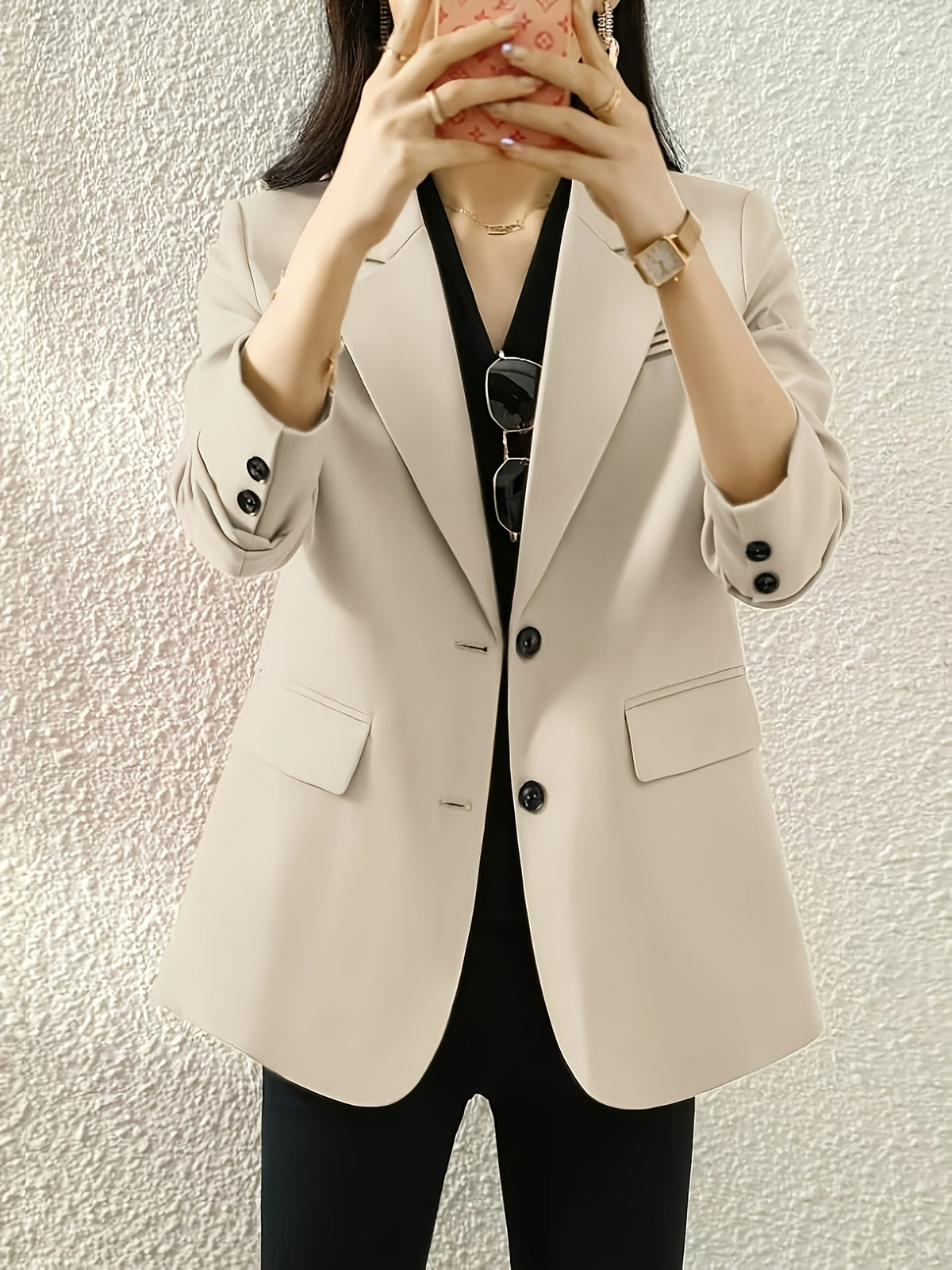 (YYTT) Fashion Women'S Elegant Suit Jacket Trendy Casual Back Slit Button-Detail Solid Color Lapel Single-Button Suit Coat - Apricot