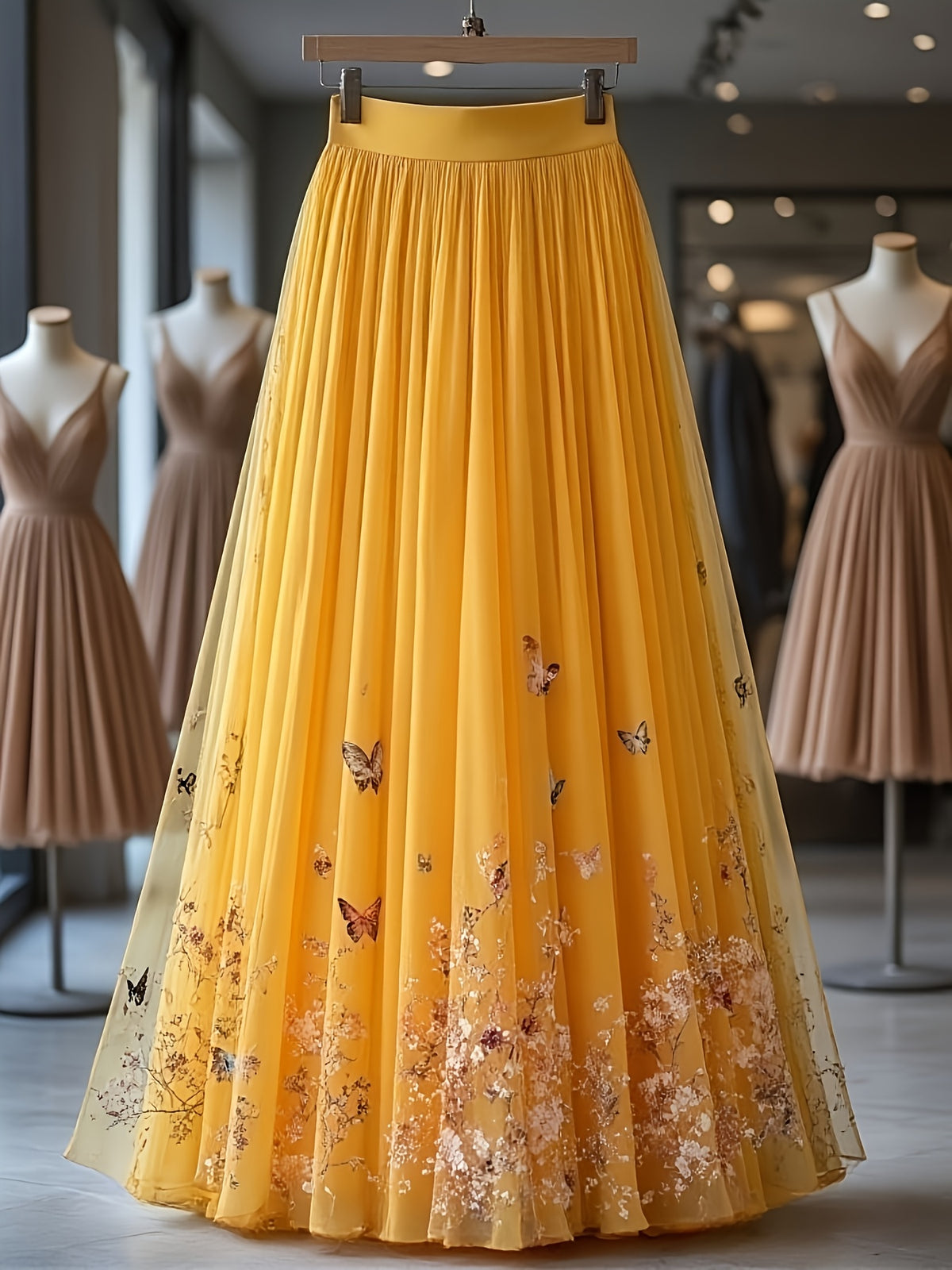 Women'S Elegant Printed Mid-Length A-Line Skirt with Layered Tulle Skirt, Suitable for All 4 Seasons - Lemon Yellow