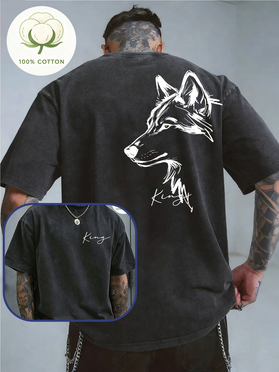Men'S 100% Washed, Wolf King Print Pattern Retro Round Neck T-Shirt, Casual All-Match Loose Summer Short Sleeve T-Shirt, Daily Wear - Black