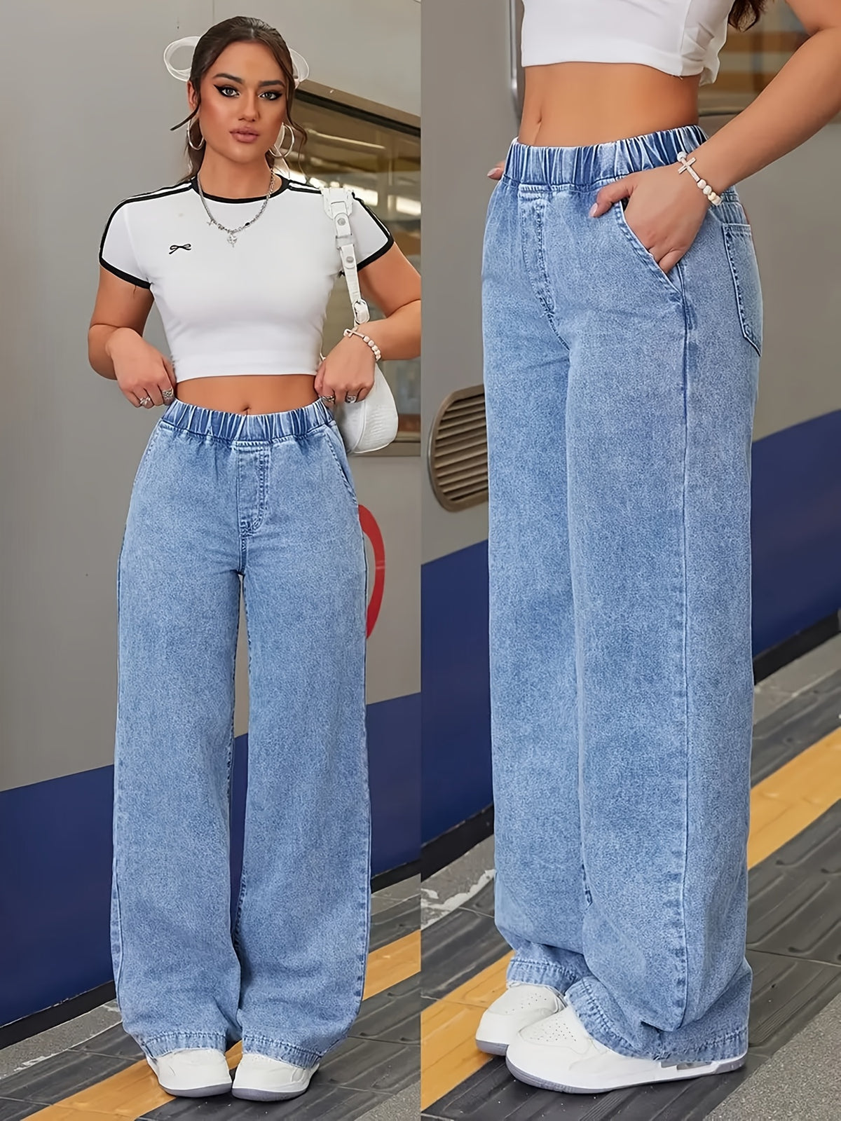 1pc Women'S Fashion High Waist Elastic Waist Straight Leg Jeans | Comfortable Loose Fit, Washed Denim, Pocket Details, All-Season Wear - Light Blue