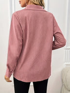 Elegant Casual Solid Color Ribbed Shirt for Women - Long Sleeve, Button-Up with Chest Pocket, Light Pink, Perfect for Spring/Summer, Spring Fashion Top | Classic Collar Design | Nonelastic Fabric - Pink