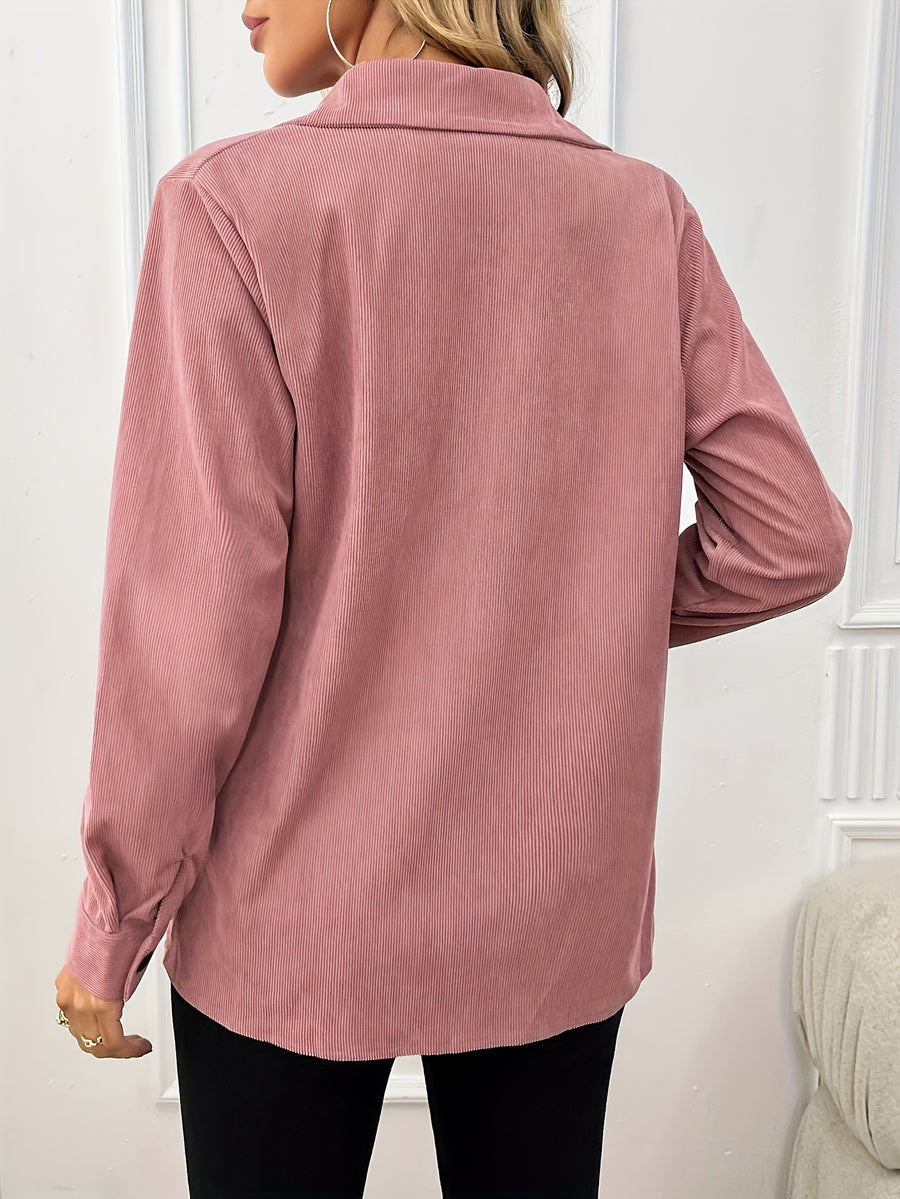 Elegant Casual Solid Color Ribbed Shirt for Women - Long Sleeve, Button-Up with Chest Pocket, Light Pink, Perfect for Spring/Summer, Spring Fashion Top | Classic Collar Design | Nonelastic Fabric - Pink