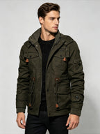TNZI Men' Vintage Washed Hooded Cargo Jacket - Multi-Button & Zipper Hooded Coat with Collar, Half-Door Zipper Closure, Button Utility Outerwear Suitable for Business Commute, Outdoor Hiking, Winter Streetwear Jacket - Dark Green