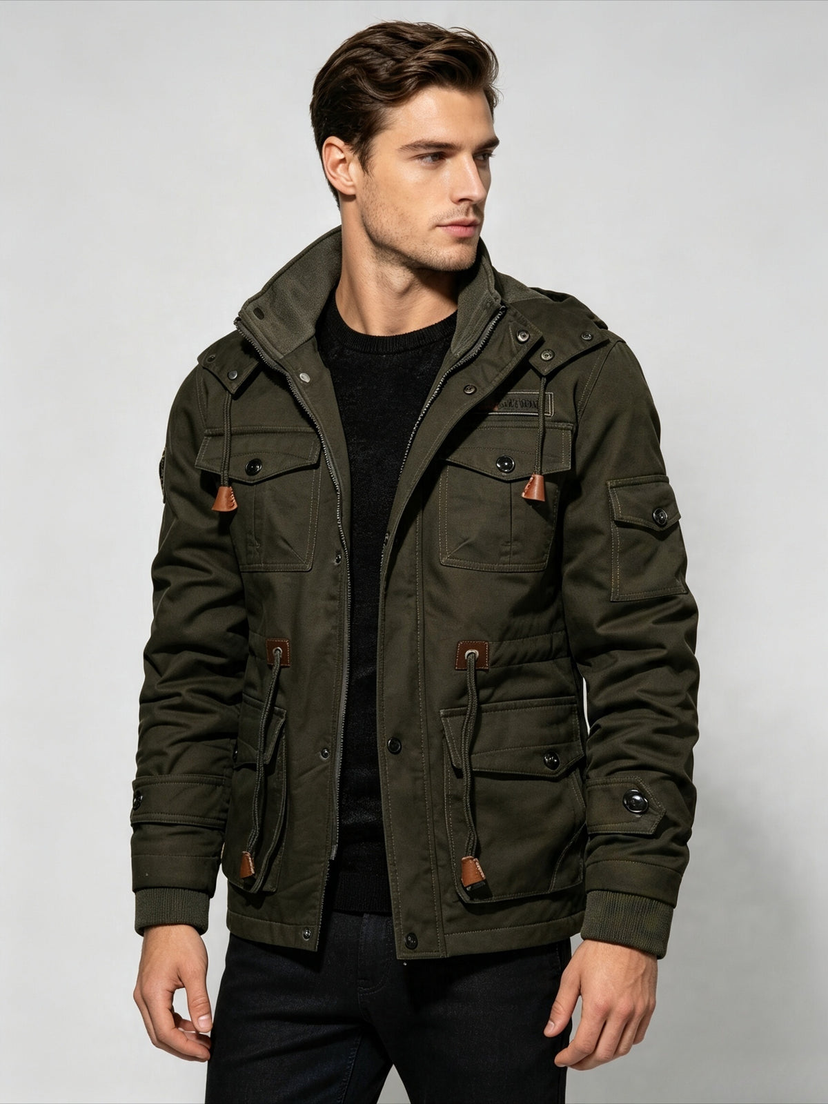 TNZI Men' Vintage Washed Hooded Cargo Jacket - Multi-Button & Zipper Hooded Coat with Collar, Half-Door Zipper Closure, Button Utility Outerwear Suitable for Business Commute, Outdoor Hiking, Winter Streetwear Jacket - Dark Green