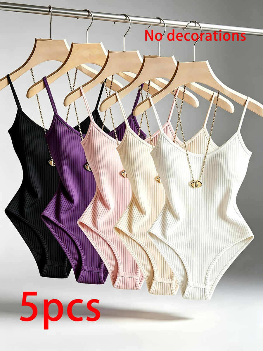 5pcs Solid Color Women'S Elegant Ribbed Jumpsuits, Brushed Ribbed Bodysuits, Camisole Backless Bodysuits, No Additions Included - Black+Purple+Pink+Apricot+White