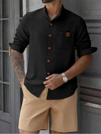 Men's Simple Solid Color Shirt with Stand Collar and Long Sleeves - Black