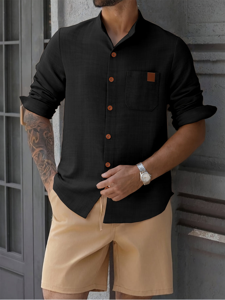Men's Simple Solid Color Shirt with Stand Collar and Long Sleeves - Black