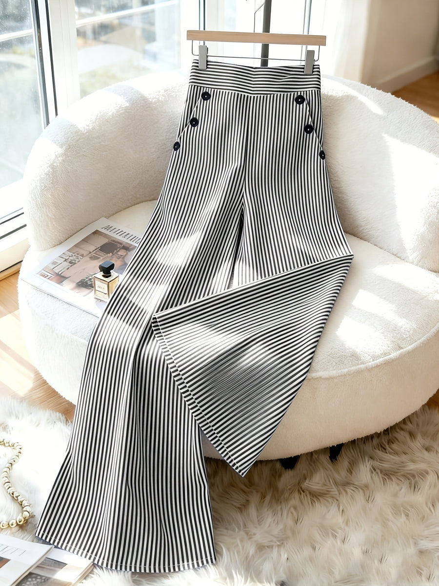 New Korean Style Spring And Summer Fashion Easy Elegant Black And White Striped Trousers, High-Waisted Straight Loose Casual Women'S Pants - Black And White Stripes