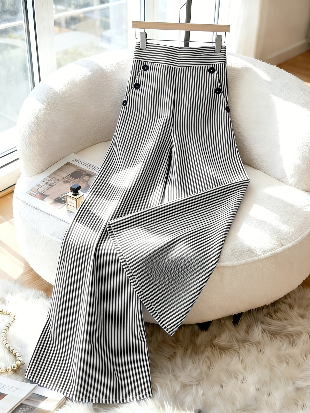 New Korean Style Spring And Summer Fashion Easy Elegant Black And White Striped Trousers, High-Waisted Straight Loose Casual Women'S Pants - Black And White Stripes